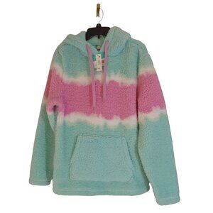 Cabana Sweater By Crown And Ivy Womens Size Small Pink Green Hooded Pocket Ties